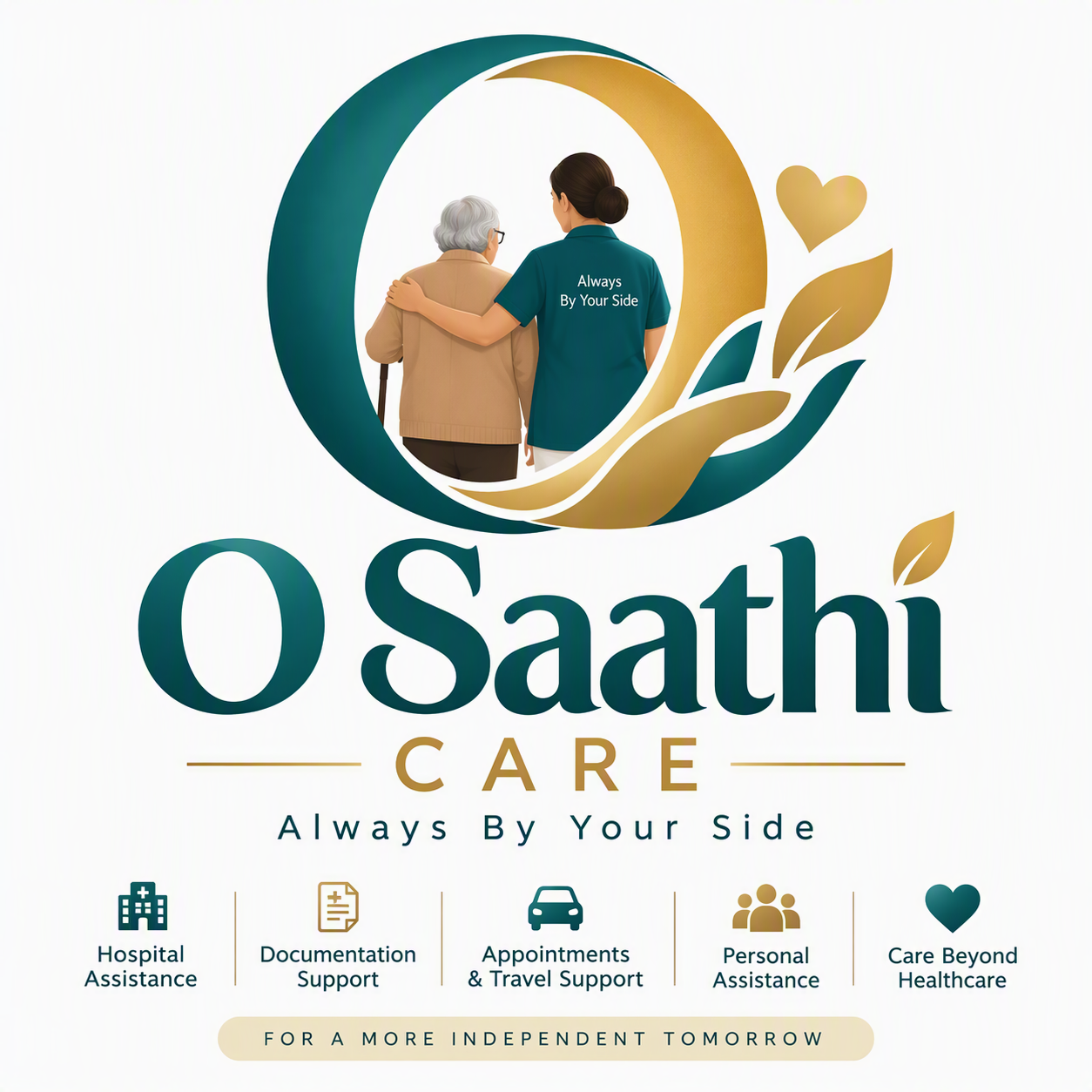 O Saathi Care logo: a companion with her arm around an elderly woman. Always by your side. Hospital assistance, documentation support, appointments and travel support, personal assistance, care beyond healthcare.